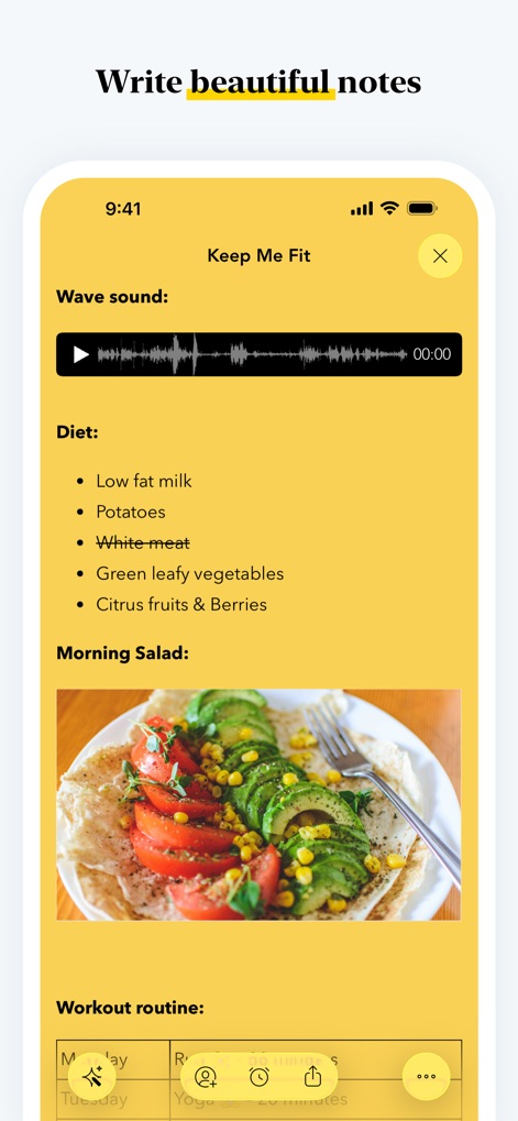 Notebook – Notes, Notepad - Os usuários podem criar notas ricas em mídia, combinando uma gravação de áudio visível como uma forma de onda com listas de texto e imagens incorporadas para uma documentação completa.