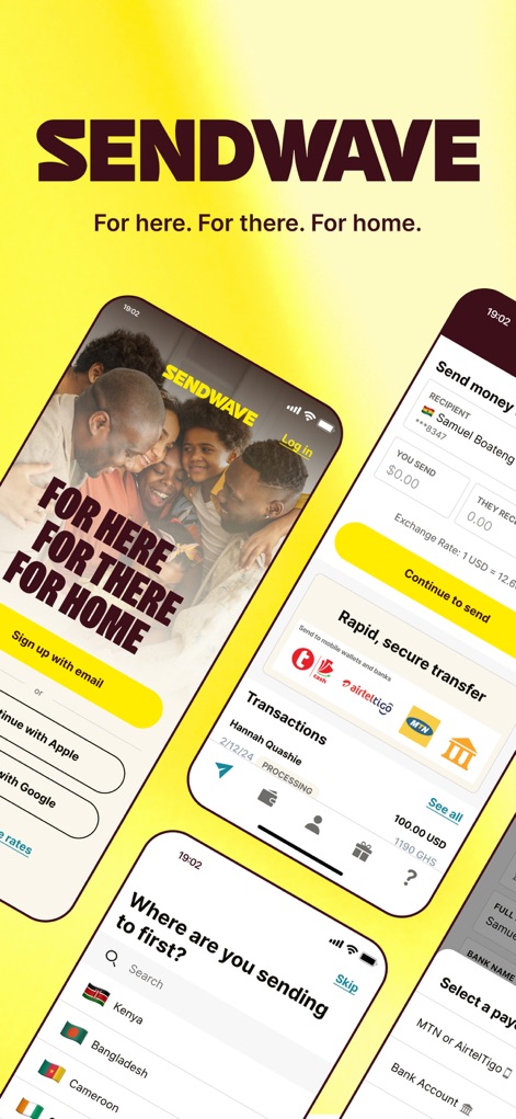 Sendwave Send & Transfer Money - Observe the app's streamlined onboarding process, allowing users to quickly sign up, and its integrated user interface, showcasing key features in one glance.