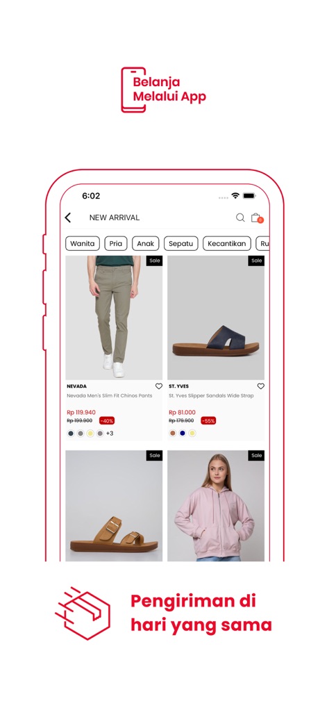 Matahari App - Users can effortlessly browse the 'NEW ARRIVAL' section, examining diverse product listings with transparent price details and discount percentages.