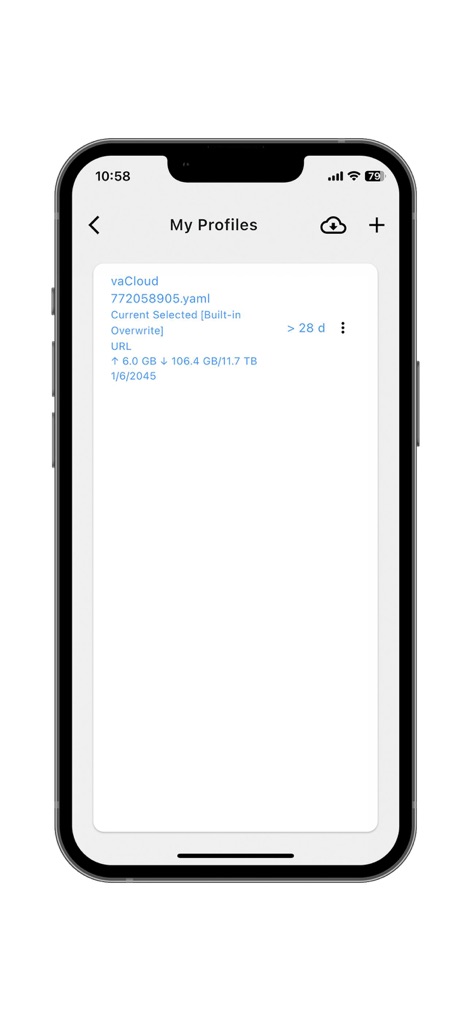 Clash Mi - 사용자는 이 화면에서 vaCloud 프로필의 상세 정보(URL, Overwrite 상태)를 확인하고, 새로운 프로필을 손쉽게 추가할 수 있습니다.