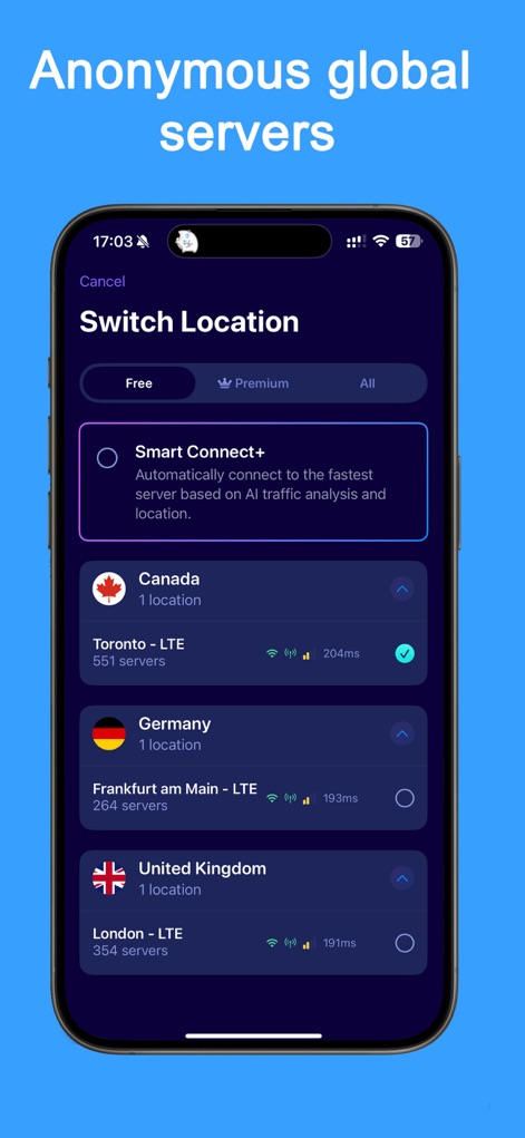 VPN Proxy Fast - Super VPN - Explore the extensive server network through this screen, displaying available regions like Canada and Germany, alongside server counts and latency indicators for informed selection.