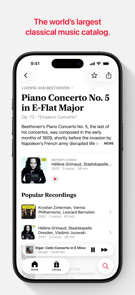 Apple Music Classical - Delve into individual compositions with a comprehensive description of the piece and a selection of 'Popular Recordings' for varied interpretations.