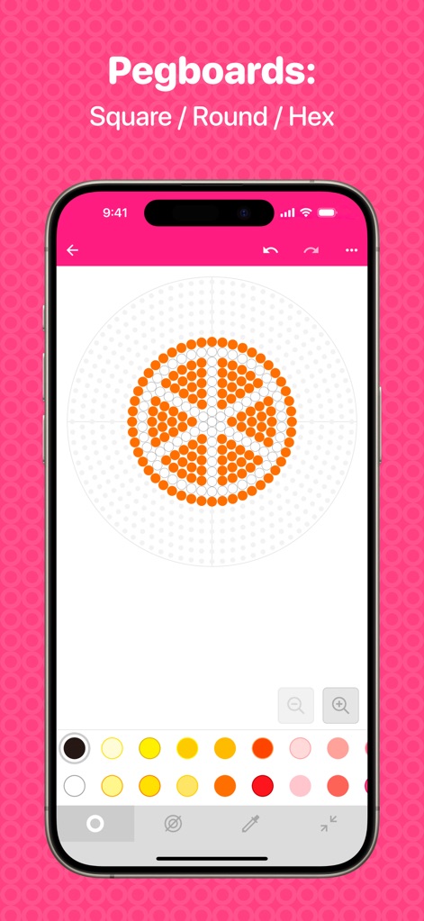 Beads Creator - Bead Patterns - This tool provides diverse design foundations, allowing users to select from various pegboard shapes like round and hexagonal, complemented by integrated zoom controls for detailed work.