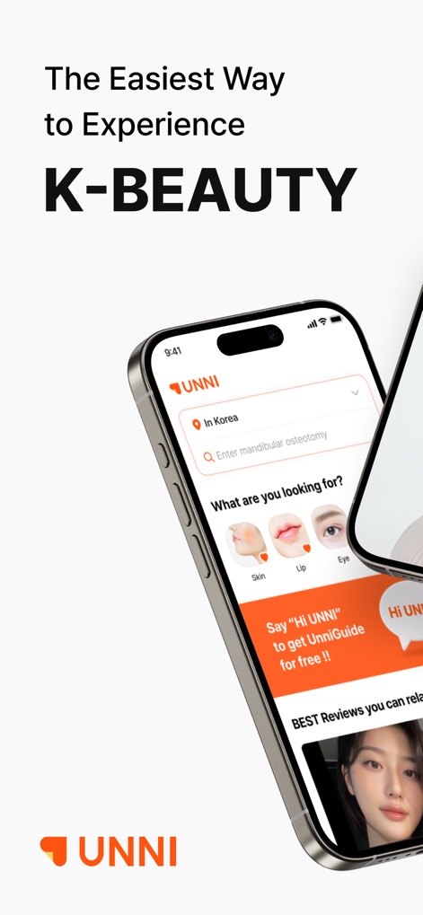 UNNI: Glow up in Korea - O aplicativo oferece uma interface intuitiva para exploração de procedimentos, destacando categorias de beleza como Skin e Eye, e uma barra de pesquisa proeminente para localizar tratamentos específicos.