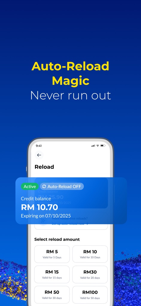 CelcomDigi - この画面では、ユーザーは現在のクレジット残高と有効期限を確認できるほか、自動リロード機能の設定や、様々な金額オプションからリロードを選択して簡単に実行できます。