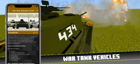 Gun Addon for Minecraft - 사용자는 이 앱에서 다양한 전차 모델과 전투 차량 목록을 확인하고, 화염에 휩싸인 배경에서 거대한 전차를 활용하여 전략적인 전장을 구축할 수 있습니다.