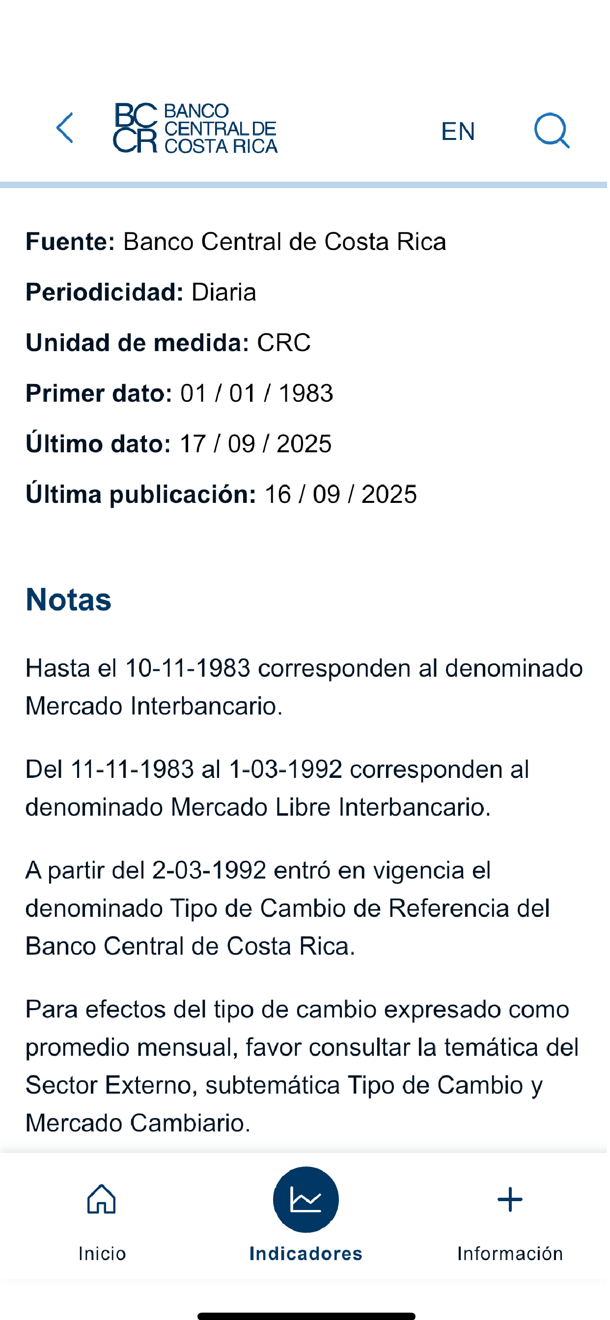 Indicadores Económicos BCCR