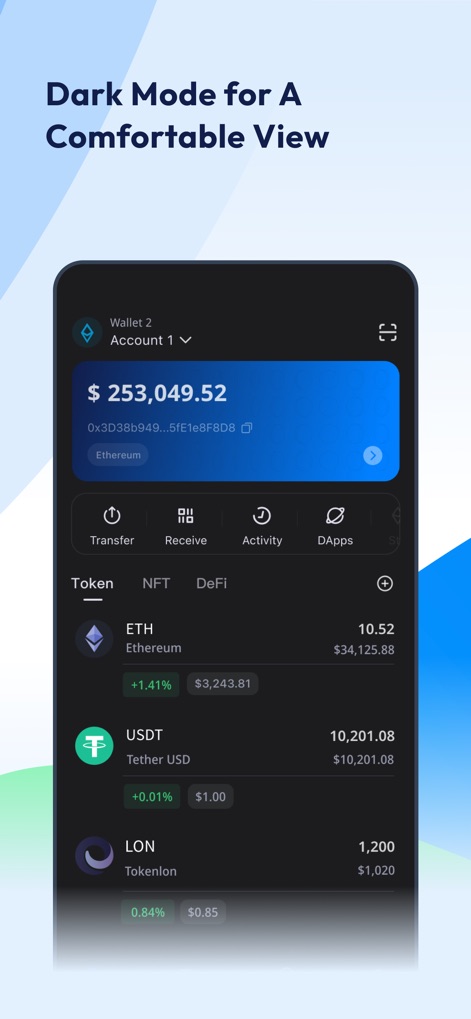 imToken: BTC & ETH Wallet - Explore the sophisticated dark mode interface, designed for comfortable viewing while displaying key token balances and real-time price changes.