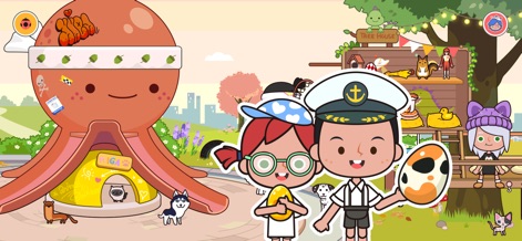 Miga Town: My Pets - La escena al aire libre invita a la exploración con una gran estructura de pulpo y una ingeniosa casa en el árbol, ideal para la interacción.