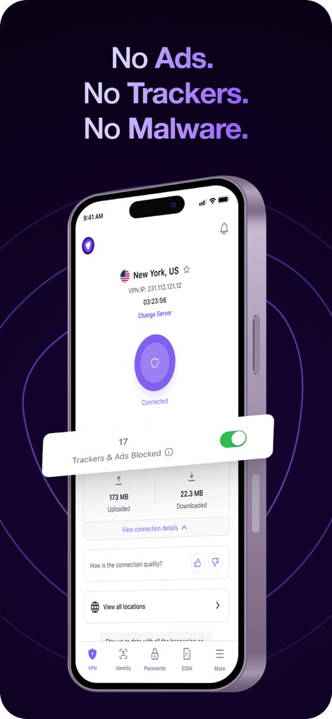 PureVPN: Fast and Secure VPN - Esta herramienta garantiza una navegación limpia, con un interruptor visible para 'Trackers & Ads Blocked' que permite un control total y un estado 'Connected' que asegura la privacidad del usuario.