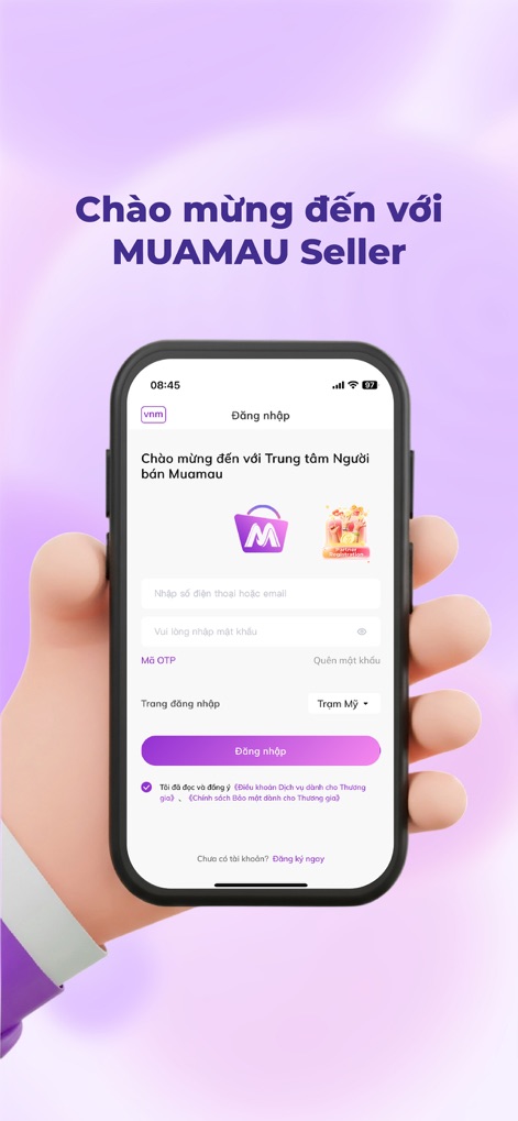 Muamau Seller - This tool ensures secure access with a prominent login form for phone/email and robust OTP verification for user accounts.