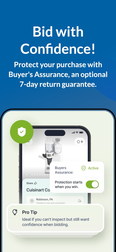 MAC.BID - This tool provides peace of mind with an active 'Buyer's Assurance' toggle and helpful 'Pro Tip' messages guiding purchase protection.