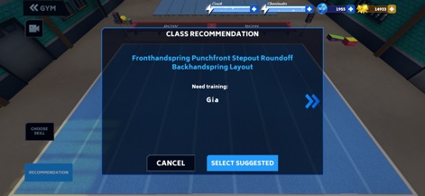 Boss of the World - The app offers intelligent class recommendations, guiding users to train specific athletes like Gia in complex skills such as the "Fronthandspring Punchfront Stepout Roundoff Backhandspring Layout".