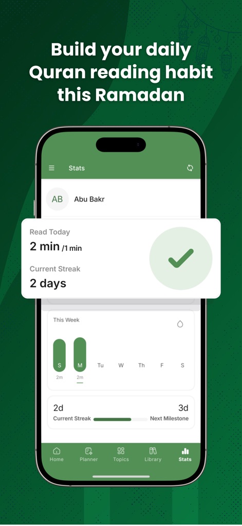 Al Quran (Tafsir & by Word) - Monitor reading consistency with the "Current Streak" feature and visualize daily reading durations through intuitive "weekly activity" graphs.