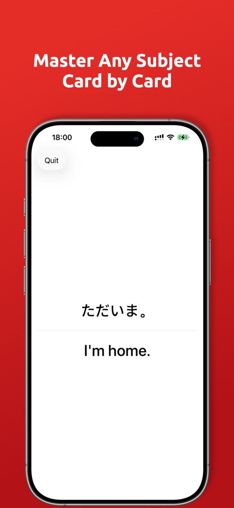 Azri - Flashcard App - Experience the core flashcard functionality, featuring a clean, focused card display and demonstrating support for multilingual content with Japanese characters.