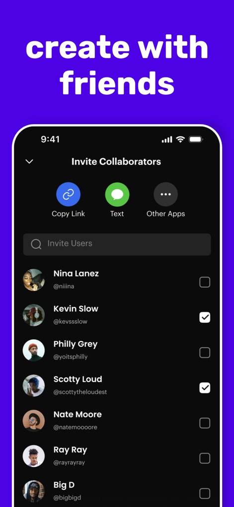 Rapchat: Music Maker Studio - Users can easily invite collaborators to projects, selecting specific friends from a list of profiles or sharing an invite link via various apps.