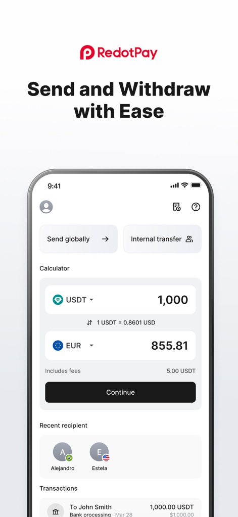 RedotPay: Crypto Card & Pay - Los usuarios pueden realizar envíos globales, como la conversión de 1,000 USDT a 855.81 EUR, y ver sus destinatarios recientes, simplificando las transacciones internacionales y la gestión de divisas.