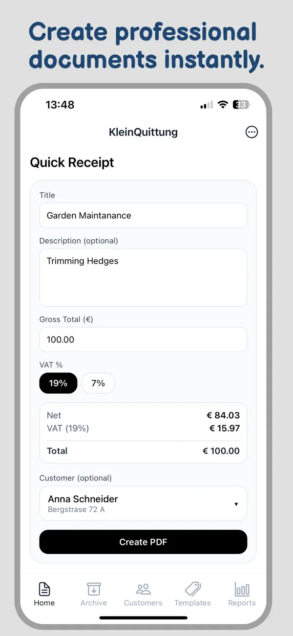 Invoice maker: Kleinquittung Screenshot 1