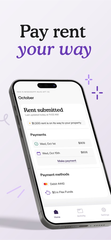 Flex - Rent On Your Schedule - The app offers a clear breakdown of upcoming payments, such as the October 1st and October 15th installments, alongside flexible payment method options.