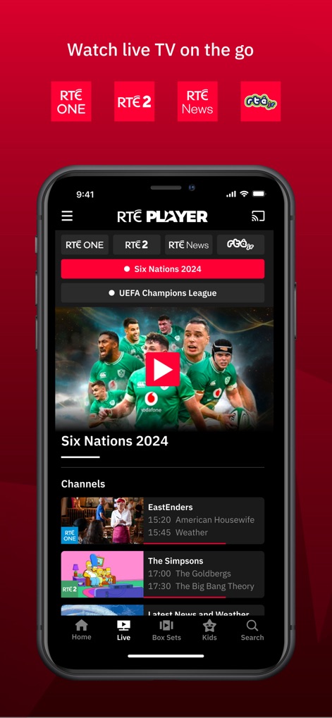 RTÉ Player - Seamlessly access live television with easy navigation between channels like "RTÉ One" and "RTÉ 2", showcasing current broadcasts such as "Six Nations 2024".
