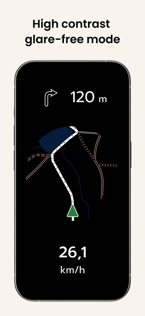Cyclers: Bike Route Planner - La herramienta presenta un modo oscuro de alto contraste, ideal para la noche, que muestra la navegación clara y un indicador de velocidad actual.