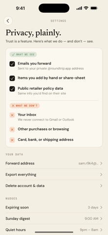 Roundtrip Returns iPhone screenshot