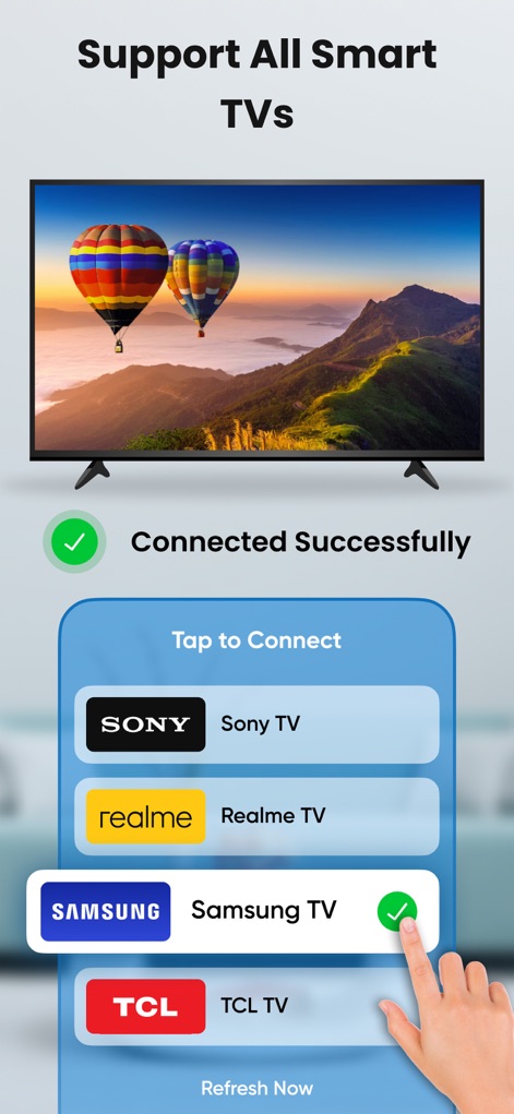 Smart View : Screen Cast - Die App demonstriert eine breite Kompatibilität, indem sie die Verbindung zu verschiedenen Smart-TV-Marken wie Sony und Samsung ermöglicht und eine erfolgreiche Verbindung bestätigt.