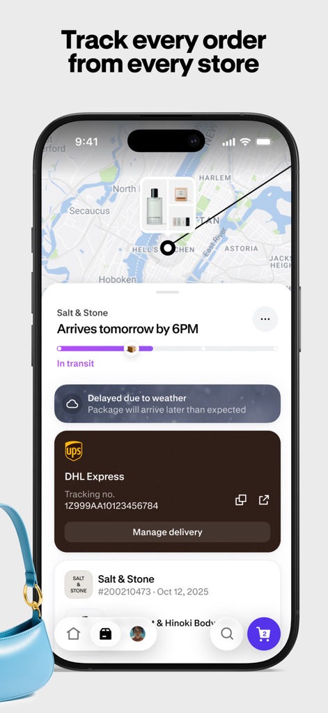 Shop: All your favorite brands - This interface demonstrates the app's robust order tracking capabilities, showing package location on a detailed map and providing specific carrier tracking numbers for transparency.
