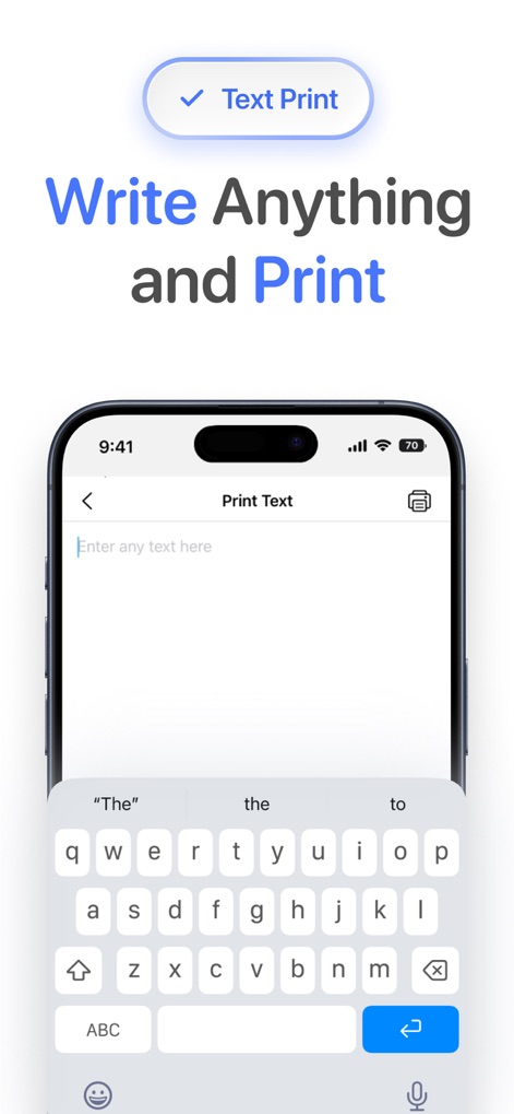 Smart Printer App for HP · - Users can conveniently input and print any text directly from their device, utilizing the on-screen keyboard and a dedicated text input field for quick document creation.