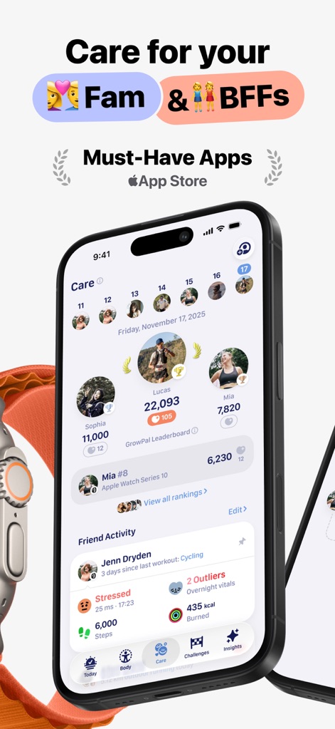 GrowPal: Health & Fitness - Users can easily connect with loved ones through individual profiles and track shared progress on the GrowPal Leaderboard, fostering mutual support.