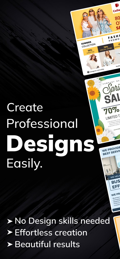 Flyer Maker + Poster Maker - La aplicación destaca su capacidad para generar resultados hermosos sin necesidad de habilidades de diseño, como se ve en la variedad de folletos promocionales y el texto claro que resalta la creación sin esfuerzo.