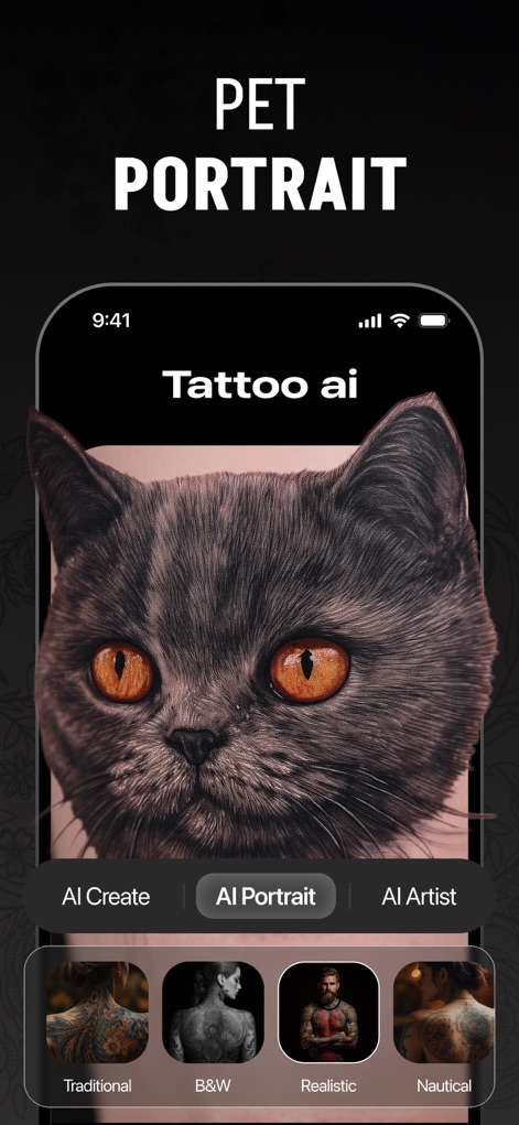 Tattoo AI - Tattoo Design - Discover the specialized 'AI Portrait' function for transforming pet photos into detailed tattoo designs, alongside various artistic style options.