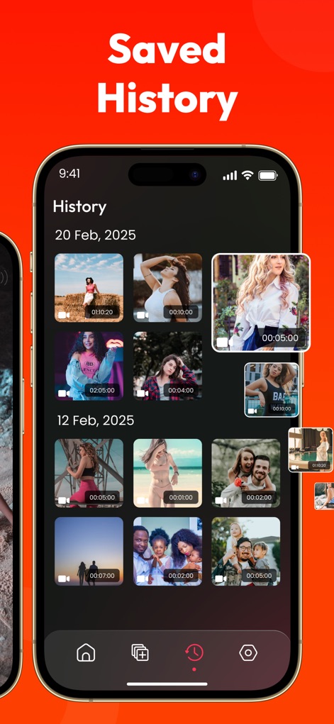 All Video Downloader ~ Player - A funcionalidade de histórico permite que os usuários acessem rapidamente seus vídeos salvos, apresentando uma visualização em grade de miniaturas e organizando o conteúdo por data.