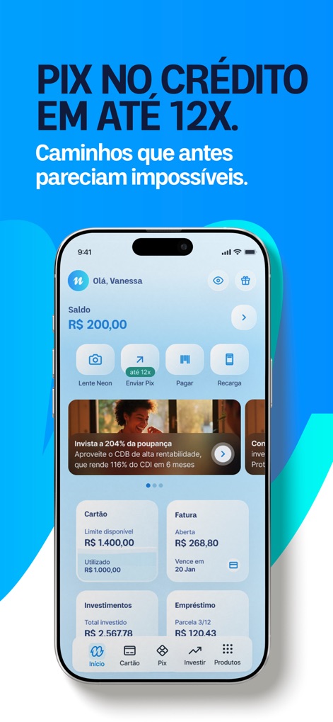 Neon: cartão de crédito - La interfaz muestra un "saldo" actual de R$ 200,00 y opciones directas como "Enviar Pix", resaltando la eficiencia de la aplicación para las transacciones cotidianas y la gestión del dinero.