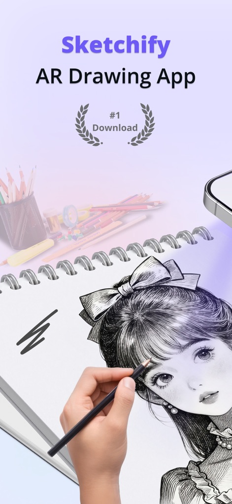Trace Drawing App - Sketchify - Esta captura de pantalla promocional resalta el título de la aplicación y el distintivo "#1 Download", mostrando una mano dibujando meticulosamente en un cuaderno con la función AR, lo que demuestra la facilidad para crear arte detallado.