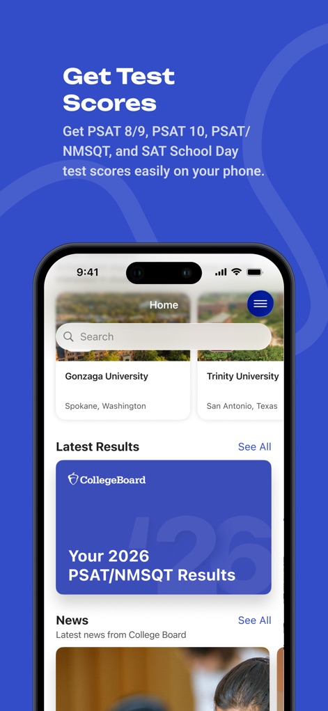 BigFuture School - Users can quickly view their test scores with the prominent results card and explore potential colleges directly from the home screen.