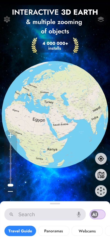 Globe 3D - Planet Earth Guide - This tool allows users to fluidly navigate a detailed 3D globe and access key features like the integrated search bar and quick navigation buttons.