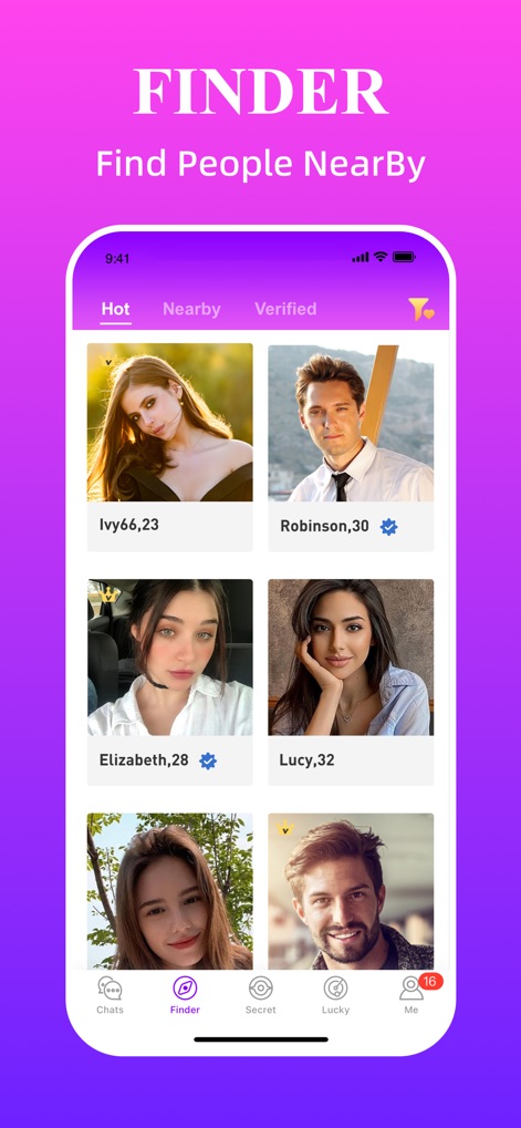Sugar Meet & Dating Me: Secret - This tool allows users to explore a diverse range of profile cards, easily filtered by categories like 'Hot,' 'Nearby,' and 'Verified' for targeted searches.