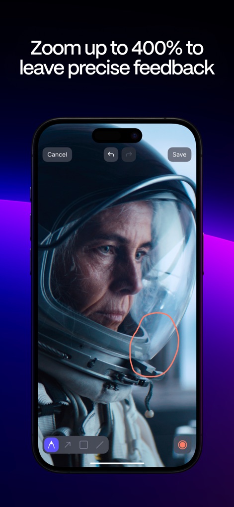 Frame.io - The tool supports highly precise feedback by enabling users to zoom in up to 400% and draw specific annotations directly onto the visual content.