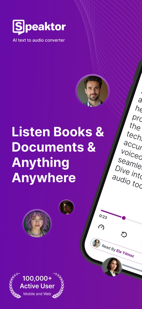 Text Reader - Text to Speech - This tool highlights its broad accessibility with a '100,000+ Active User' badge and a clear mobile interface showcasing immediate playback options.