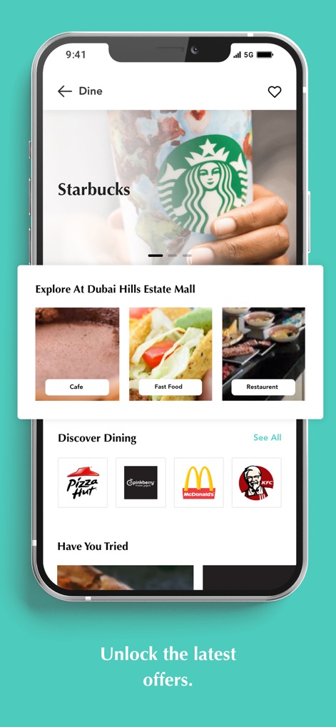 Dubai Hills Mall - L'applicazione presenta una chiara panoramica delle opzioni di ristorazione, consentendo agli utenti di filtrare per tipo di cucina come "Cafe" o "Restaurant" e scoprire facilmente brand iconici quali "Pizza Hut" e "McDonald's".