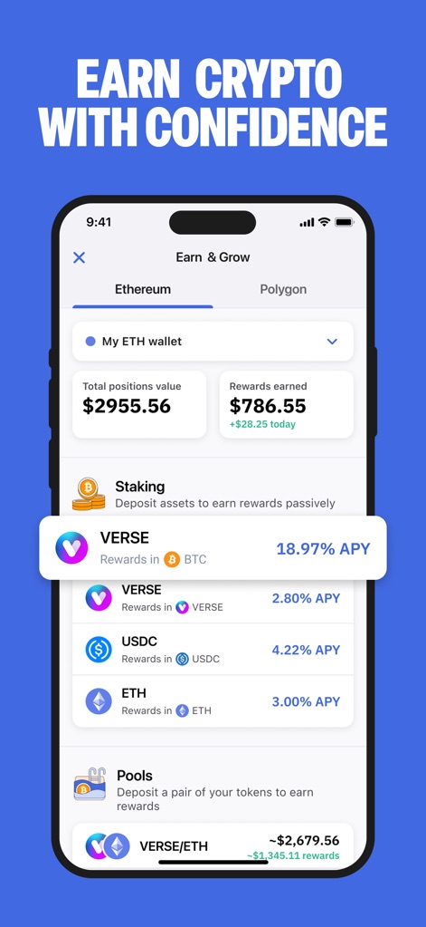 Bitcoin.com Wallet: Buy, sell - Discover how the app enables passive earnings through diverse 'Staking' options with listed APYs and participation in 'Pools' for additional rewards.