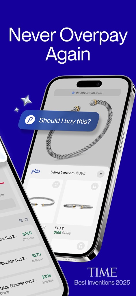 Phia: Shop Smarter, Save Money - Observe how users can tap "Should I buy this?" to receive instant price comparisons and alternative offers from retailers, ensuring they never overpay for items like the "David Yurman" bracelet.