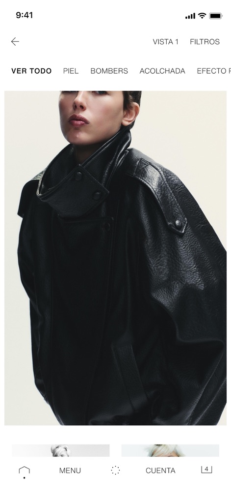 ZARA - 이 앱은 상세하고 고품질의 제품 이미지를 통해 의류의 질감을 명확히 보여주며, 상단의 'PIEL' 및 'BOMBERS'와 같은 카테고리 필터를 제공하여 사용자가 원하는 스타일을 쉽게 찾아볼 수 있도록 돕습니다.