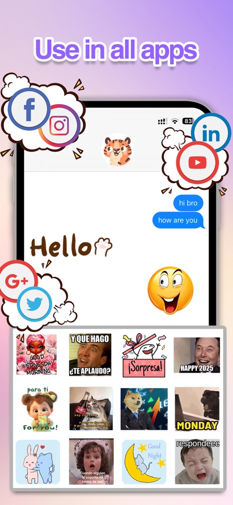AI Emoji, Meme & Sticker Maker - L'application assure une intégration fluide avec les principales plateformes de messagerie et réseaux sociaux, offrant ainsi une collection étendue d'autocollants variés pour toutes les conversations.