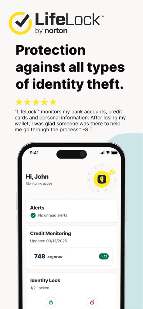 LifeLock Identity - Explore the app's intuitive dashboard, revealing the 'Alerts' status and current 'Credit Monitoring' score for instant peace of mind.