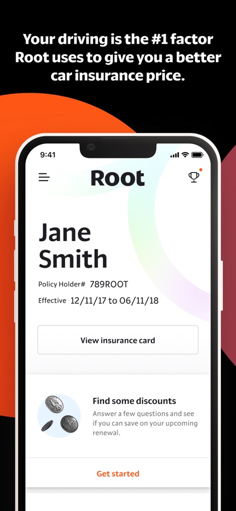 Root: Better car insurance - This tool provides a clear overview of the policy, displaying details like the policy holder's name and number, alongside a prominent "View insurance card" button and a dedicated section to "Find some discounts".