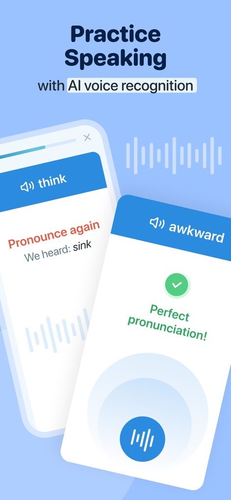 Reverso translate and learn - A tela demonstra o recurso de "prática de fala com reconhecimento de voz por IA", avaliando a pronúncia de palavras como "think" e "awkward". As "mensagens de feedback instantâneo" como "Pronounce again" e "Perfect pronunciation!" guiam o usuário.