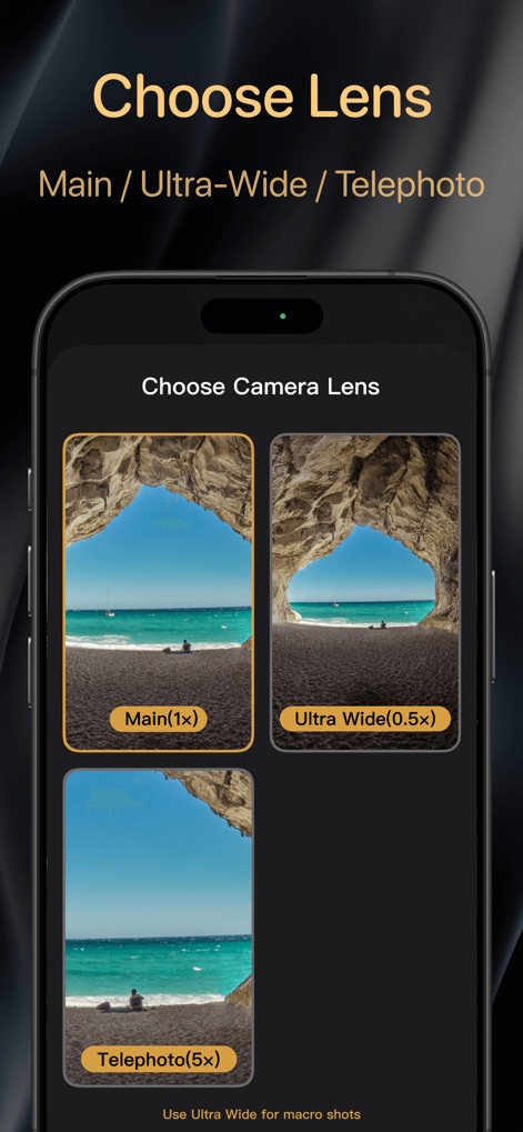 2Camera DualShot Recorder Cam - La aplicación ofrece control avanzado de la cámara, mostrando opciones para elegir entre la lente principal (1x) o la ultra gran angular (0.5x), adaptándose a diferentes necesidades fotográficas.