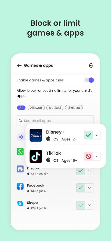 Qustodio Parental Control App - Understand how users can "Block or limit games & apps" through a dedicated toggle, enabling precise control over specific applications such as "TikTok" or "Discord".